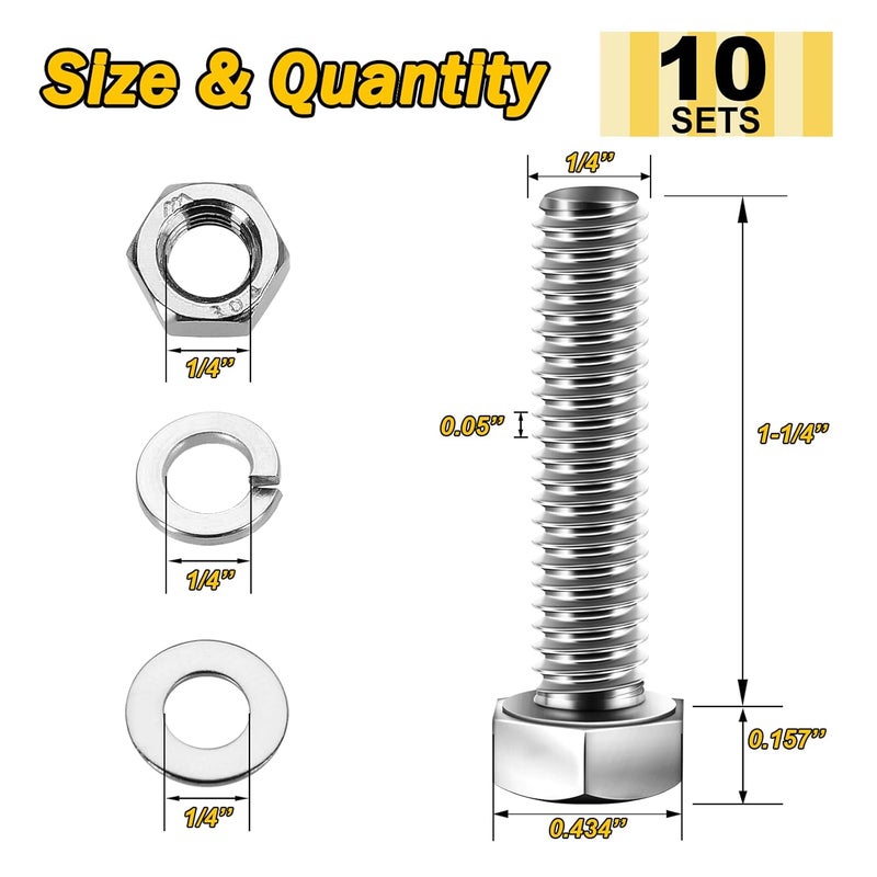 MYWISH (10 Sets) 1/4-20x1-1/4 Hex Head Assorted Screws Nuts and Bolts with Flat & Lock Washers, 304 Stainless Steel 18-8, Fully Threaded, 1/4 Bolt Metric Bolt Assortment - Image 2